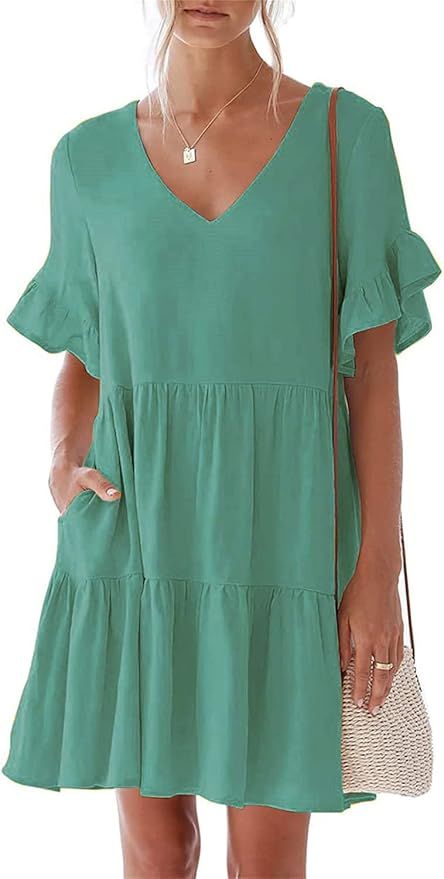 QegarTop Shift Dress for Women 2023 Pockets Summer Casual Dresses Flowy Bell Sleeve Tunic Dresses | Amazon (US)