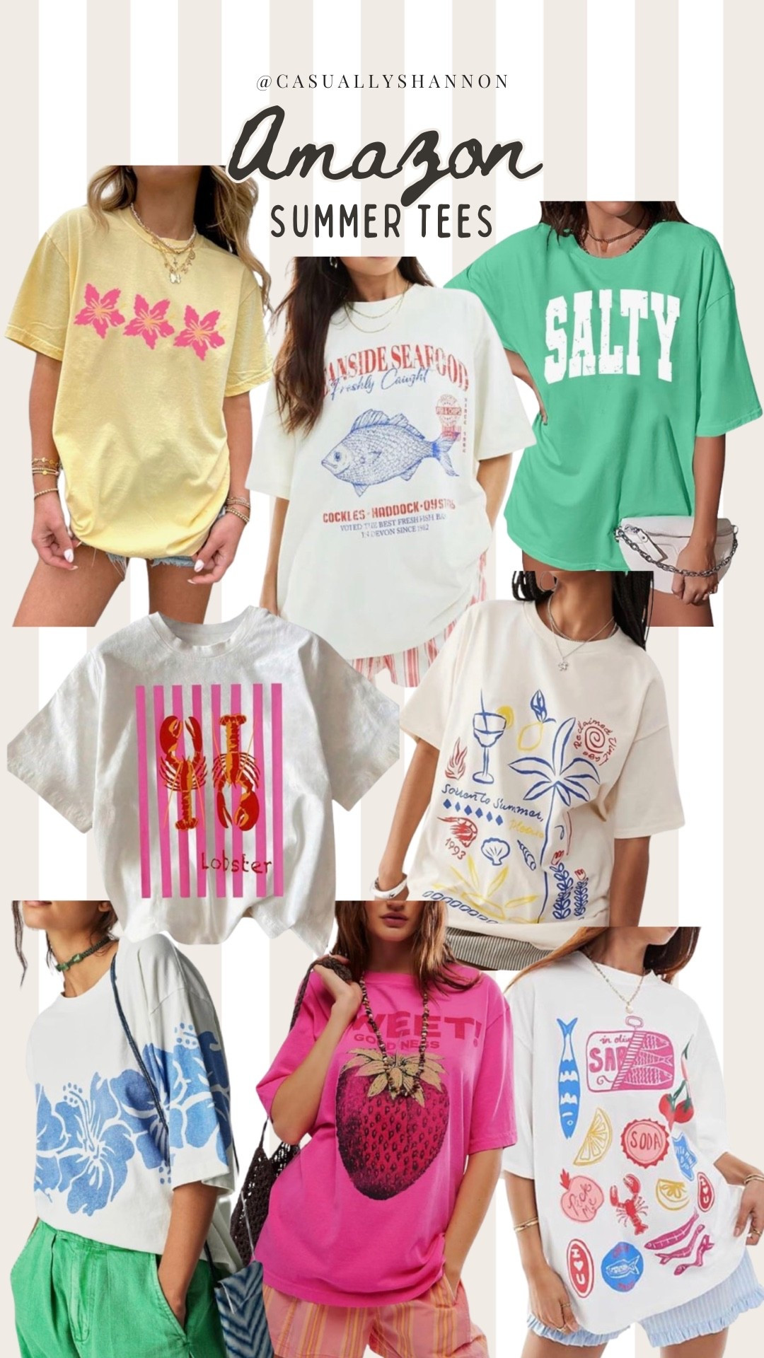 vacation outfits beach | spring outfits 2026 | summer graphic tees | summer tops for women | beach outfits | resort outfits | summer 2026 | getting ready for vacation with these easy throw on graphic tees perfect for summer | pair with gingham boxer shorts or line striped pants | #LTKAmazonFaahion #LTKFavFinds #LTKSpringTops

#LTKSaleAlert