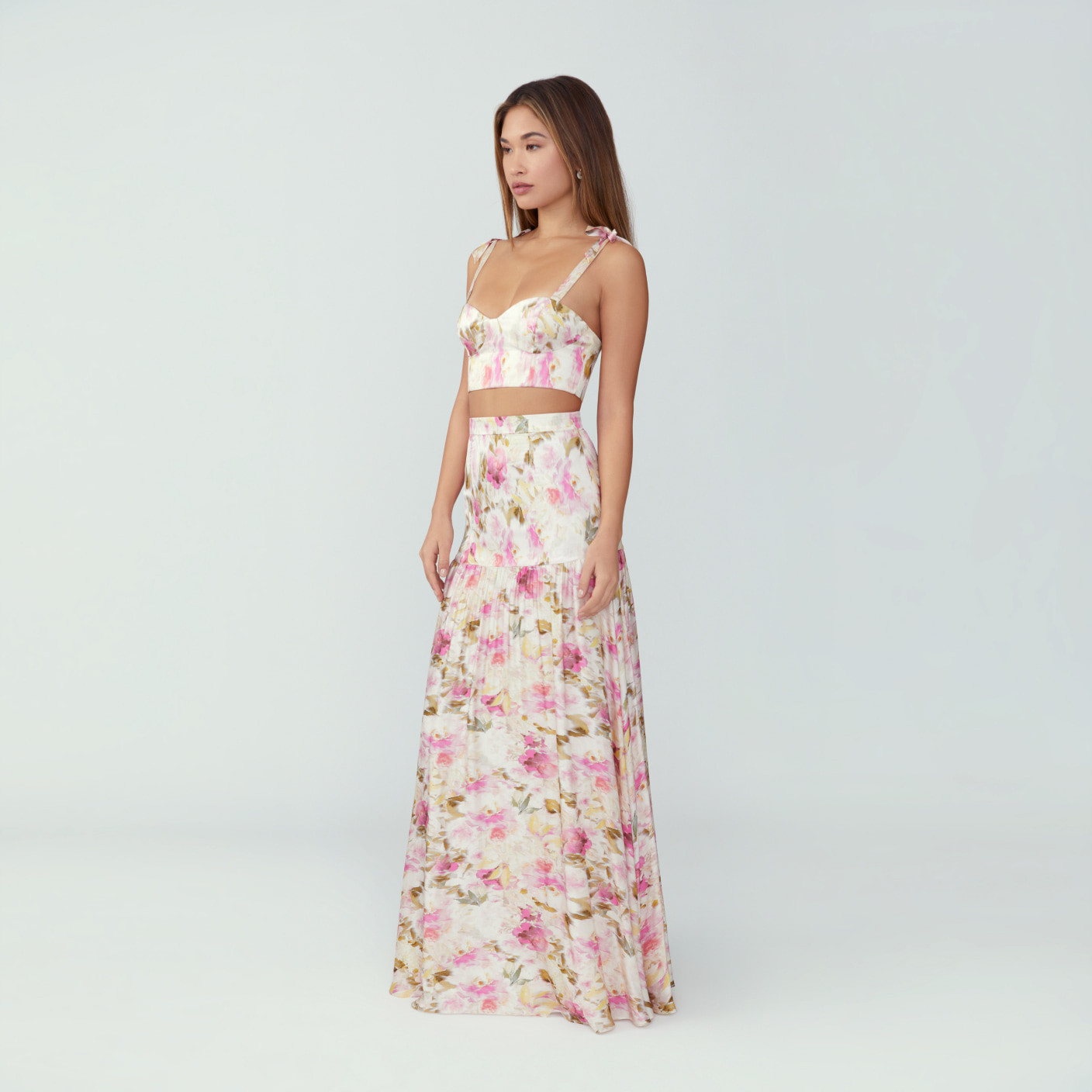 FABRIC & COLOR Light Weight Viscose Satin | Soft Floral Ivory | Fame and Partners