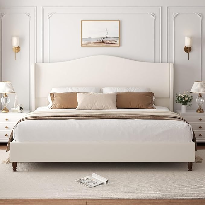 King Size Bed Frame with 51" Tall Headboard, Chenille Upholstered Platform Bed Frames with Classi... | Amazon (US)