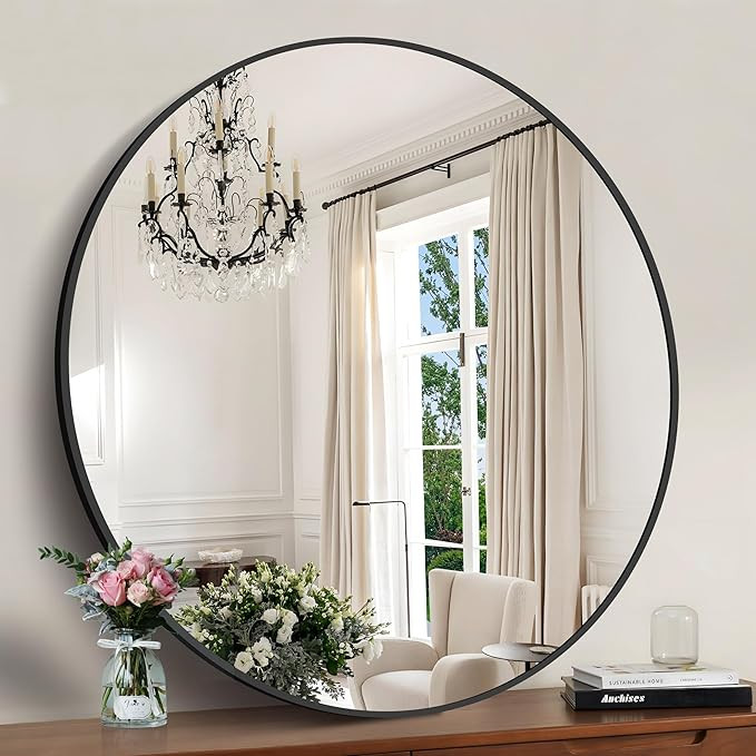 Black 39-Inch Round Mirror - Wall Mounted Aluminum Alloy Metal Frame for Bathroom, Entryway, Livi... | Amazon (US)