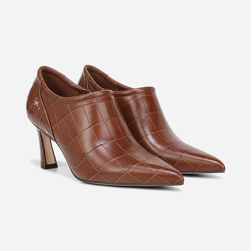 27 EDIT Elena Bootie Boots, Caramel Brown Croco Leather, 5.5M Pointed Toe, Zip Closure, Rubber Outsole | Naturalizer