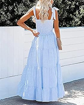 Women's Summer Bohemian Spaghetti Strap Square Neck Floral Ruffle A-Line Beach Long Maxi Swing Dr... | Amazon (US)