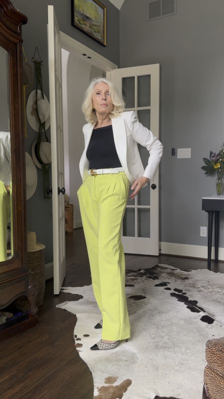 Comfortable trousers are in this season. Try this #menswear inspired look with a shorter jacket and a formfitting bodysuit.  The key to wearing a bright color like this #springtrend in  Citron Is to pair with black and or white

#LTKworkwear #LTKVideo #LTKover40