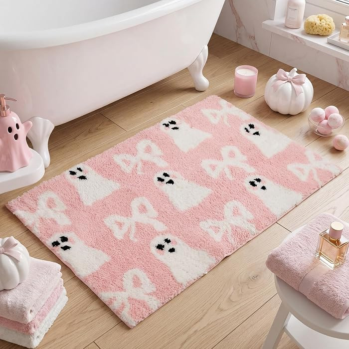 Pink Halloween Ghost Bow Bath Rug Cute Spooky Non Slip Soft Plush Microfiber Rug Coquette Aesthet... | Amazon (US)