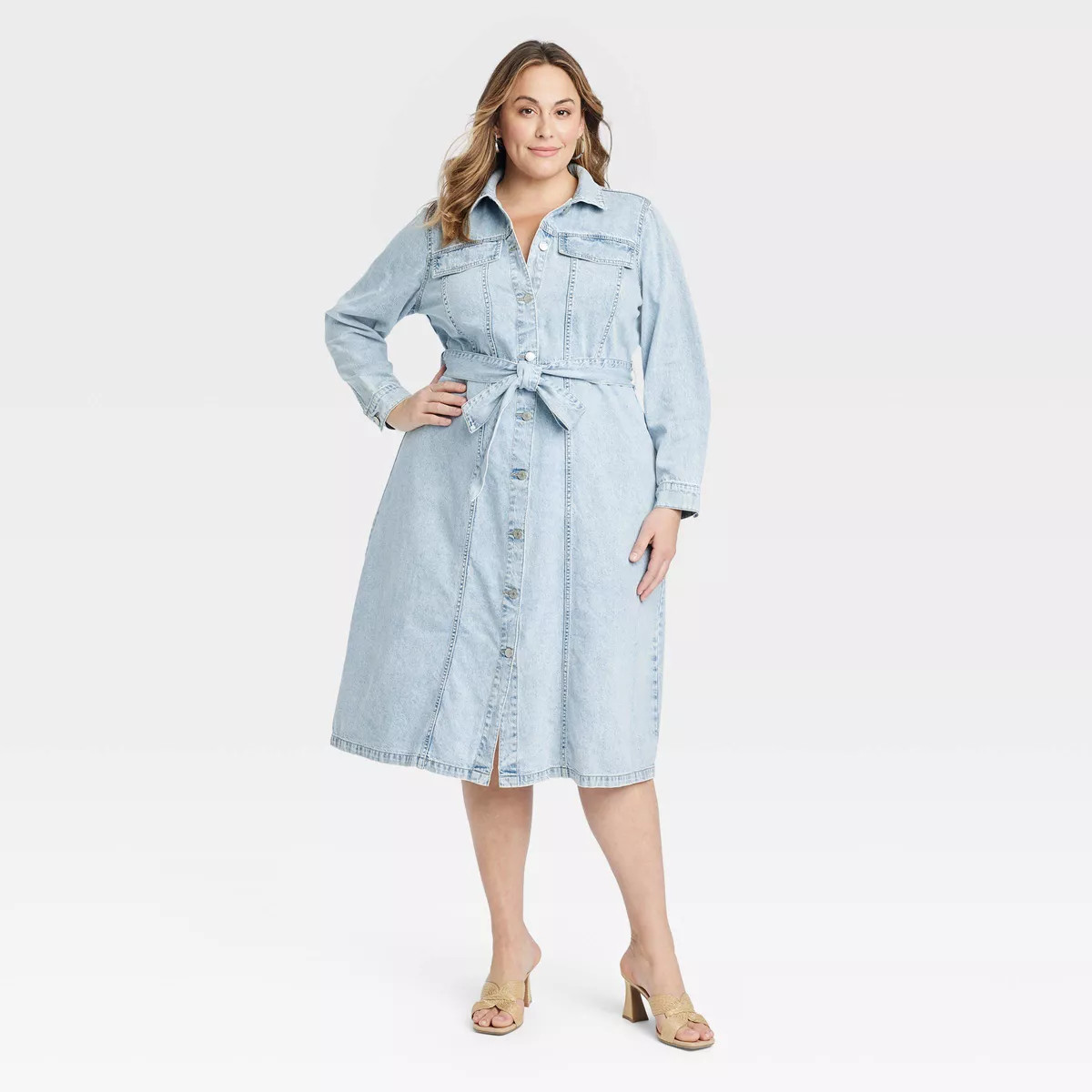 Women's Long Sleeve Shirtdress - Ava & Viv™ Light Wash | Target