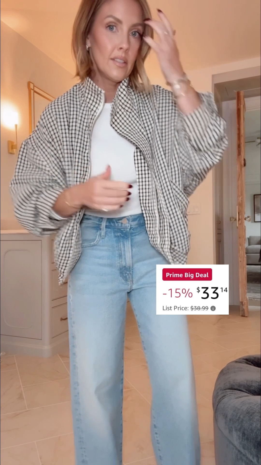 Grab this Amazon jacket on sale!! Small jacket / XS long sleeve tee / 24 jeans (size down one) / flats are true to size 


Amazon Prime Big Deal Days, fall outfit, plaid jacket, fall 2026 trends