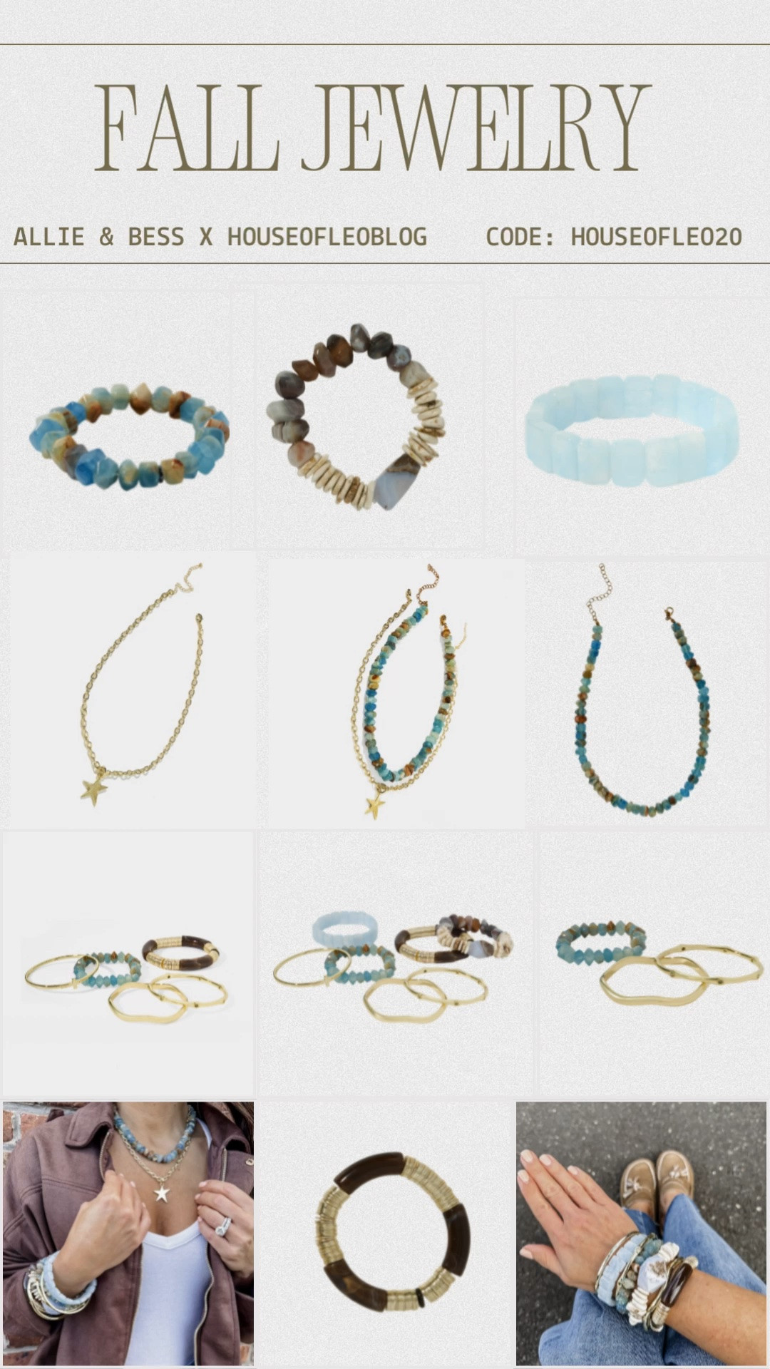 Code HOUSEOFLEO20. My fall jewelry collection is live! Fall jewelry, beaded bracelets, star necklace. Bracelet stack.