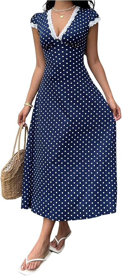 Milumia Women's Polka Dots Lace Trim Deep V Neck Dress Short Sleeve Flared Long Dresses | Amazon (US)
