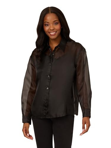 Adrianna Papell Women's Organza Woven Top W/Shell Buttons, Black | Amazon (US)
