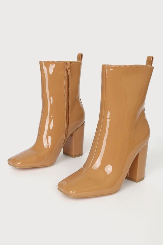 Bekka Camel Patent Square Toe Mid-Calf Boots | Lulus (US)
