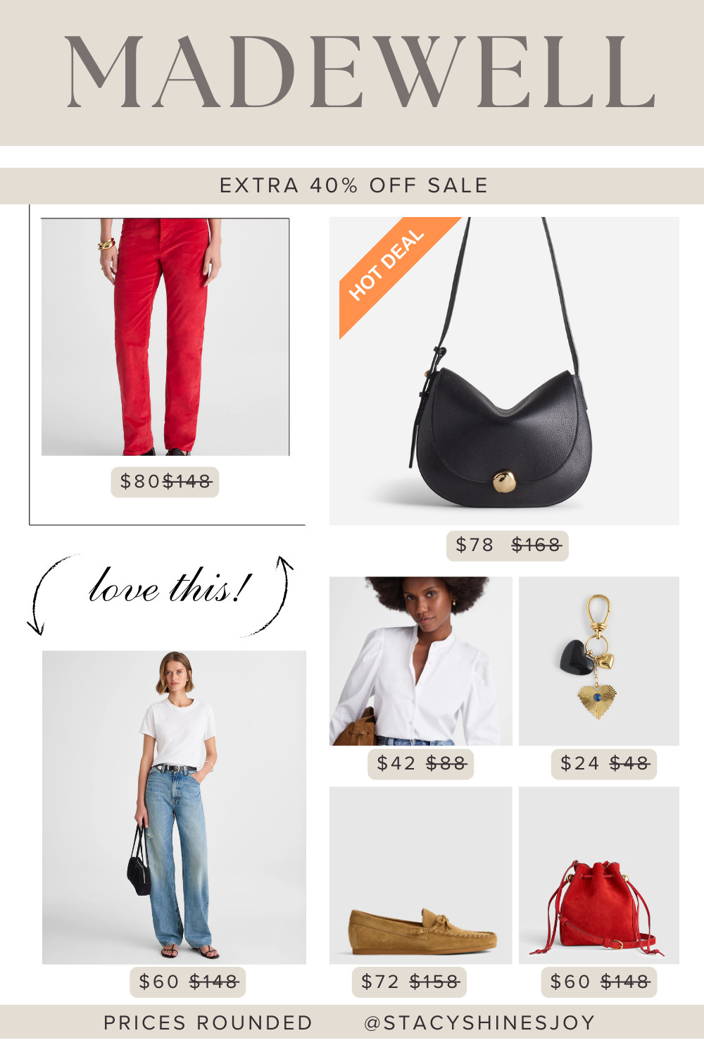 Some great steals today at Madewell where you can get an additional 40% off select sale items! Some great basics and good gift ideas.  I love shopping this sale for their jeans, bags, and shoes!!!! 

 #LTKGiftGuide #LTKOver40 #LTKFindsUnder100