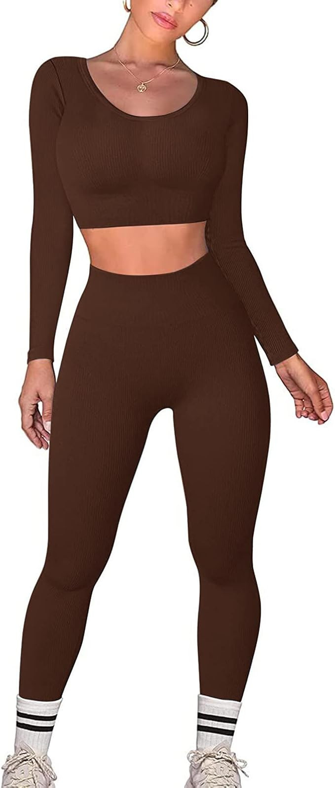 JN JANPRINT Gym Set Women Workout Set 2 Pieces Outfits Ribbed Long Sleeve Top High Waist Leggings... | Amazon (UK)
