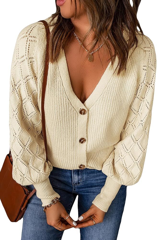 KIRUNDO Women's Long Sleeve V Neck Open Front Cardigan Button Down Soft Ribbed Knitted Cardigan Swea | Amazon (US)
