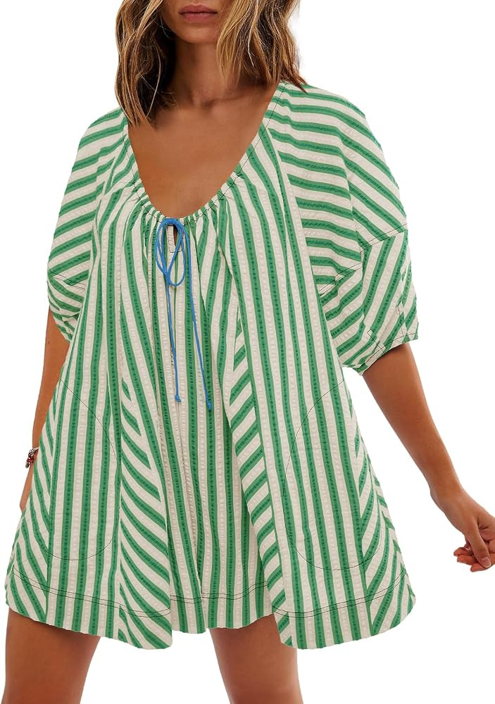 SENSERISE Womens Striped Romper Puff Sleeve Mini Shorts Romper Dress Beach Vacation Outfits with ... | Amazon (US)