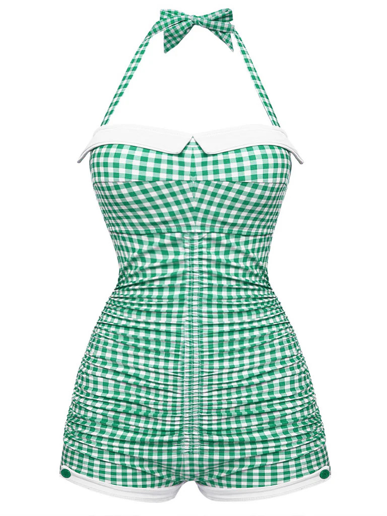 Gingham 1950s Halter Bowknot One-piece Swimsuit | Retro Stage