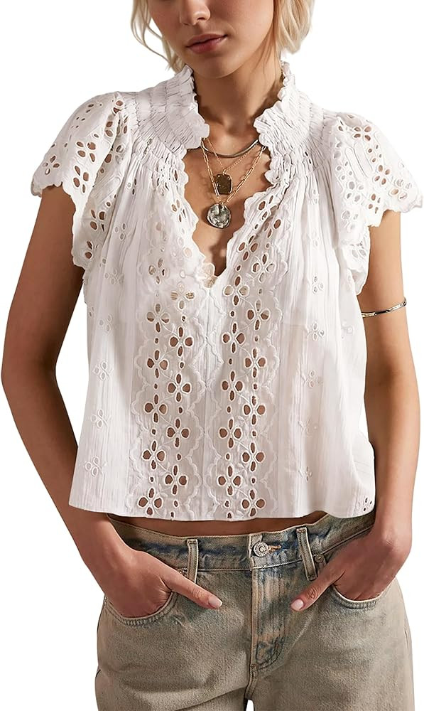 Women Summer Hollow Out Blouses Dressy Causal Ruffle Cap Sleeve Deep V Neck Lace Embroidered Eyel... | Amazon (US)