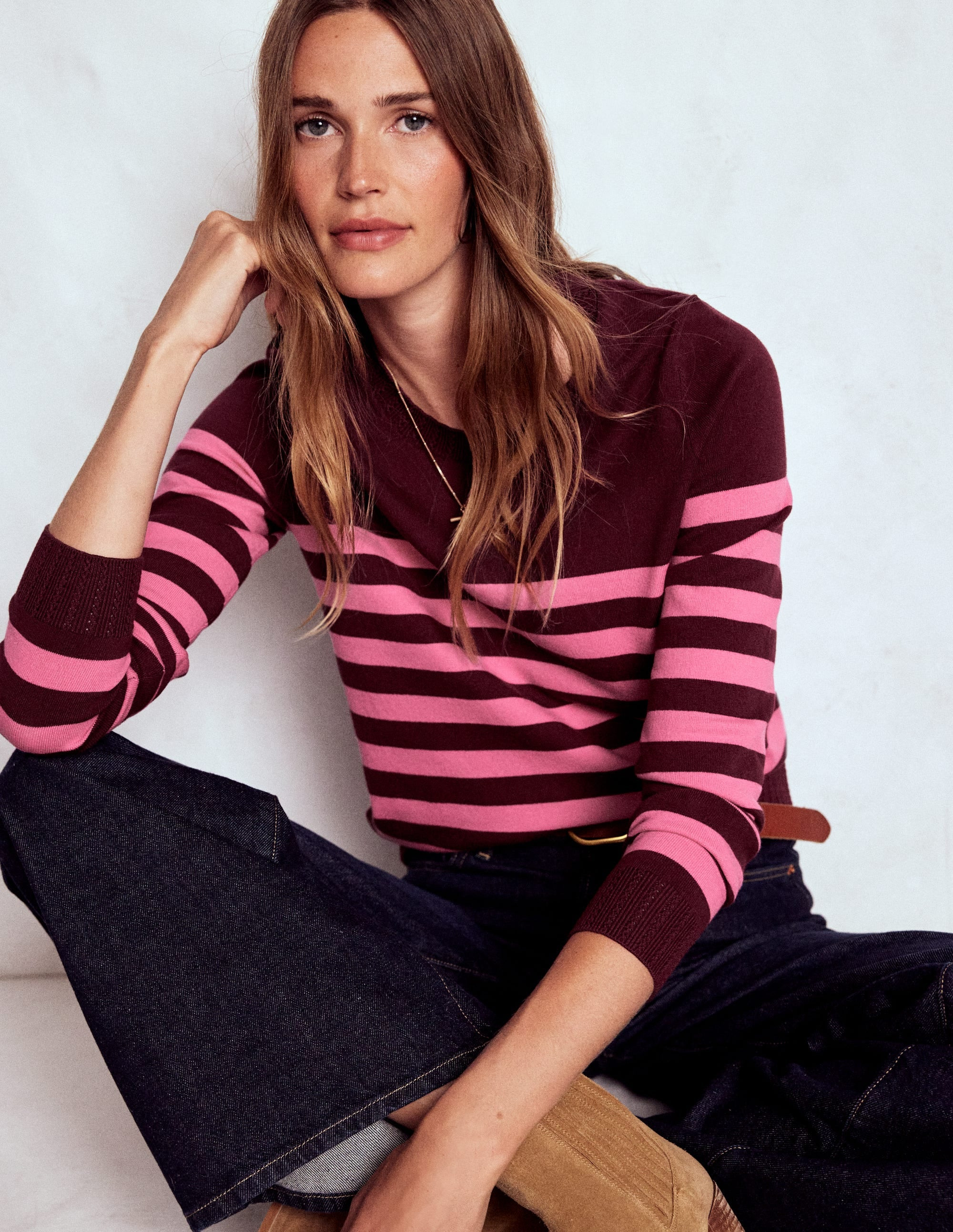Emilia Cotton Crew Sweater-Chestnut/Pink Stripe | Boden (US)