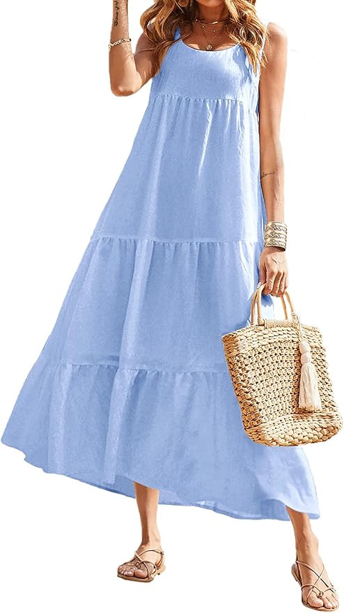 BTFBM Women Sleeveless Scoop Neck Casual Dresses Loose Soft Pleated Flowy Swing Summer Beach Maxi... | Amazon (US)