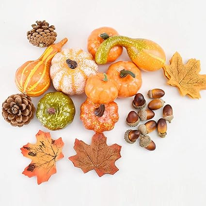 CrazyCharlie 50pcs Mixed Artificial Pumpkins Maple Leaves Pine Cones Acorns for Halloween Harvest... | Amazon (US)