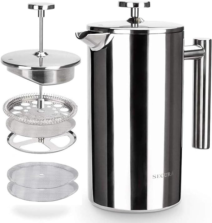 Secura French Press Coffee Maker, 304 Grade Stainless Steel Insulated Coffee Press with 2 Extra S... | Amazon (US)