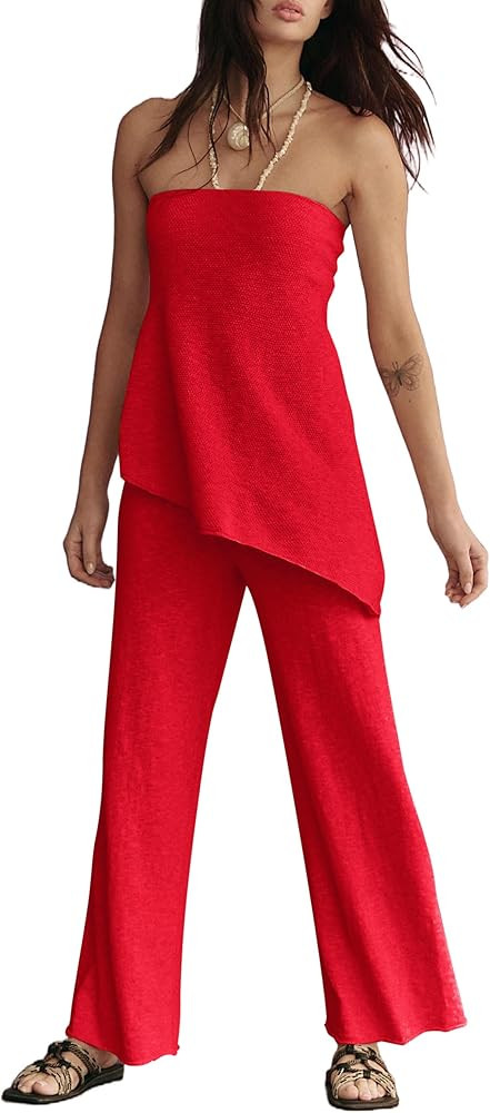 Summer Knit Sweater Sets for Women 2 Piece Vacation Outfits Strapless Tube Top and Pants Sets Mat... | Amazon (US)