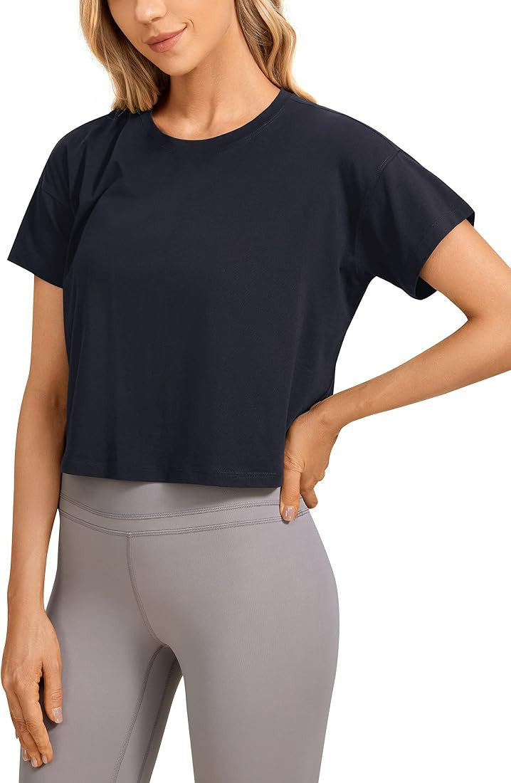 CRZ YOGA Women's Pima Cotton Workout Short Sleeve Shirts Loose Crop Tops Athletic Gym Shirt Casua... | Amazon (US)