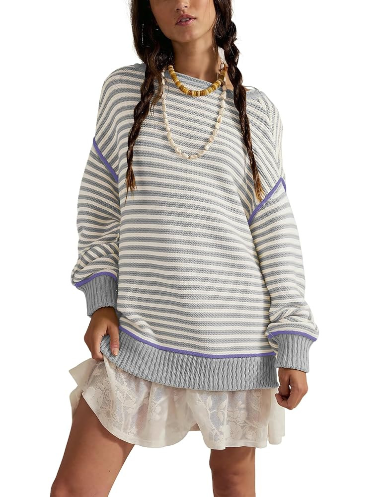 Majdan Women's Oversized Striped Sweater Long Sleeve Knitted Crewneck Pullover Tops Loose Fall Ou... | Amazon (US)