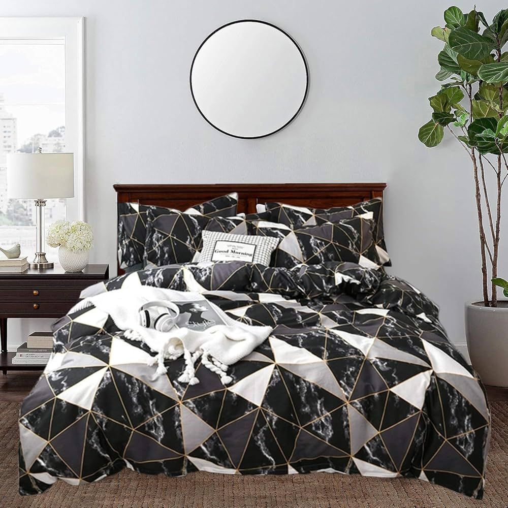 CLOTHKNOW Black Marble Comforter Set Full Geometric Bedding Comforter Men Boys Bed Comforter Whit... | Amazon (US)