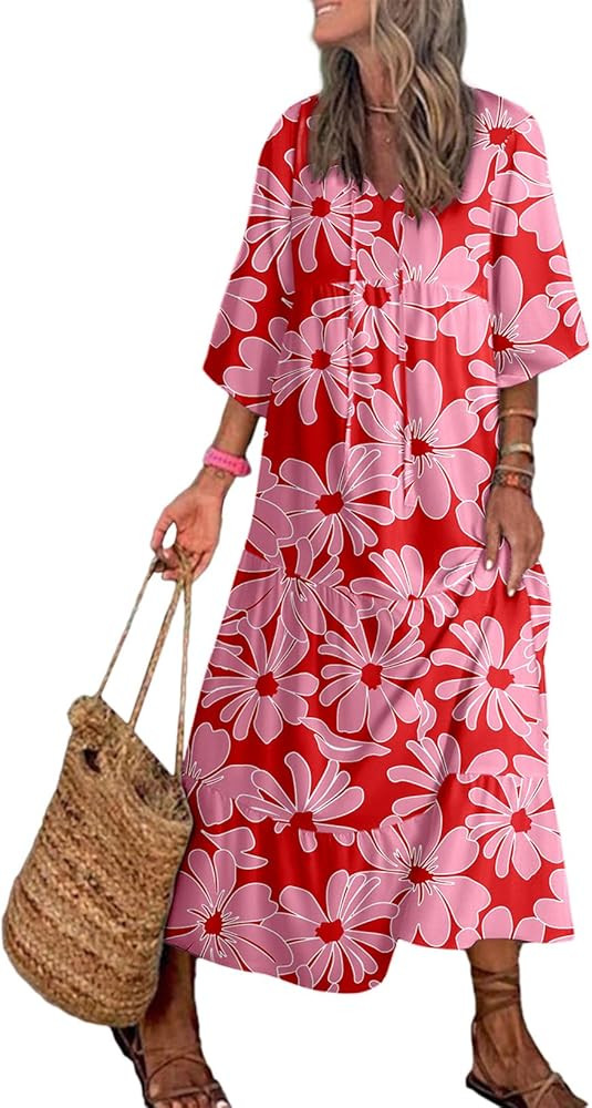 Dokotoo Women Boho Maxi Dresses 2025 V Neck Long Puff Sleeve Smocked Ruffle Flowy Casual Dress | Amazon (US)