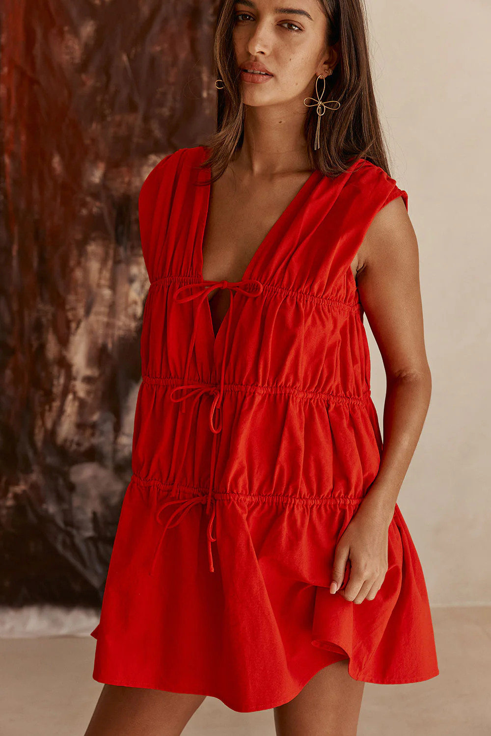 Red Tie Ruched Mini Joslin Dress | Sabo Skirt US