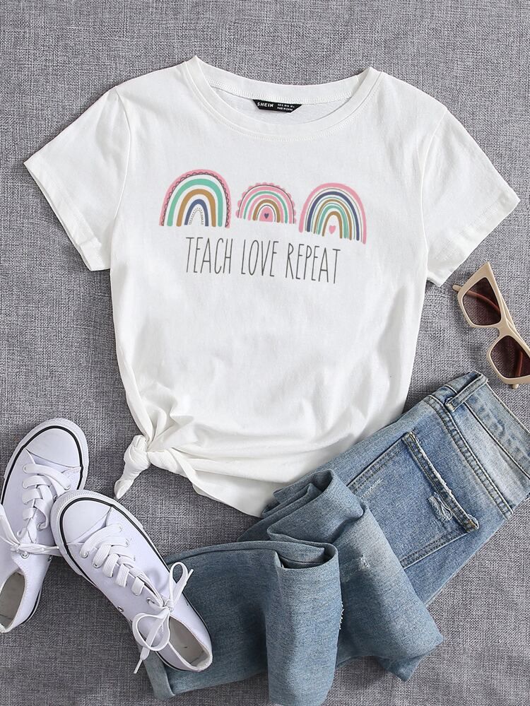 Rainbow And Letter Graphic Print Tee | SHEIN