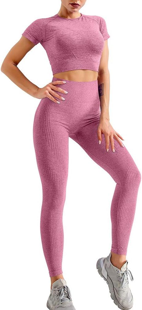 HYZ Women's Seamless 2 Piece Outfits Gym Crop Top Sets High Waist Bodycon Stretch Sport Legging | Amazon (US)