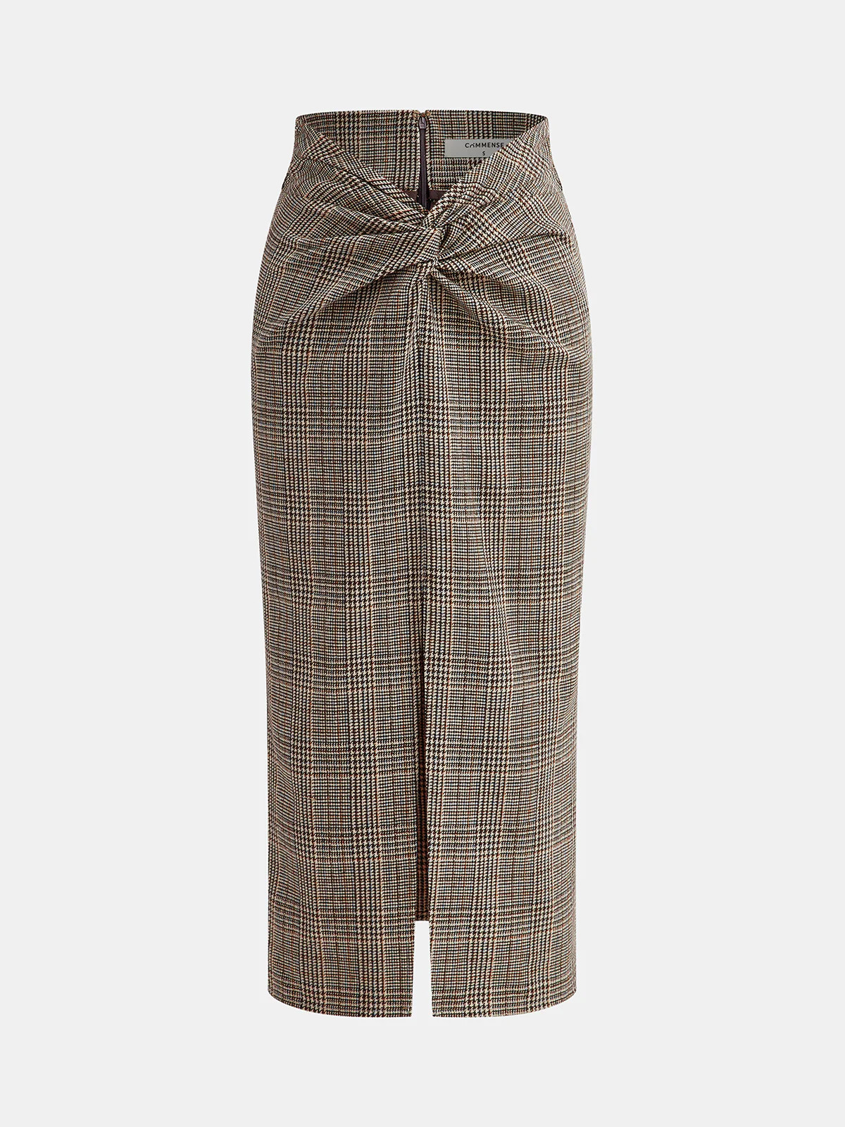 Knot-Front Slit Houndstooth Tweed Midi Skirt | Commense