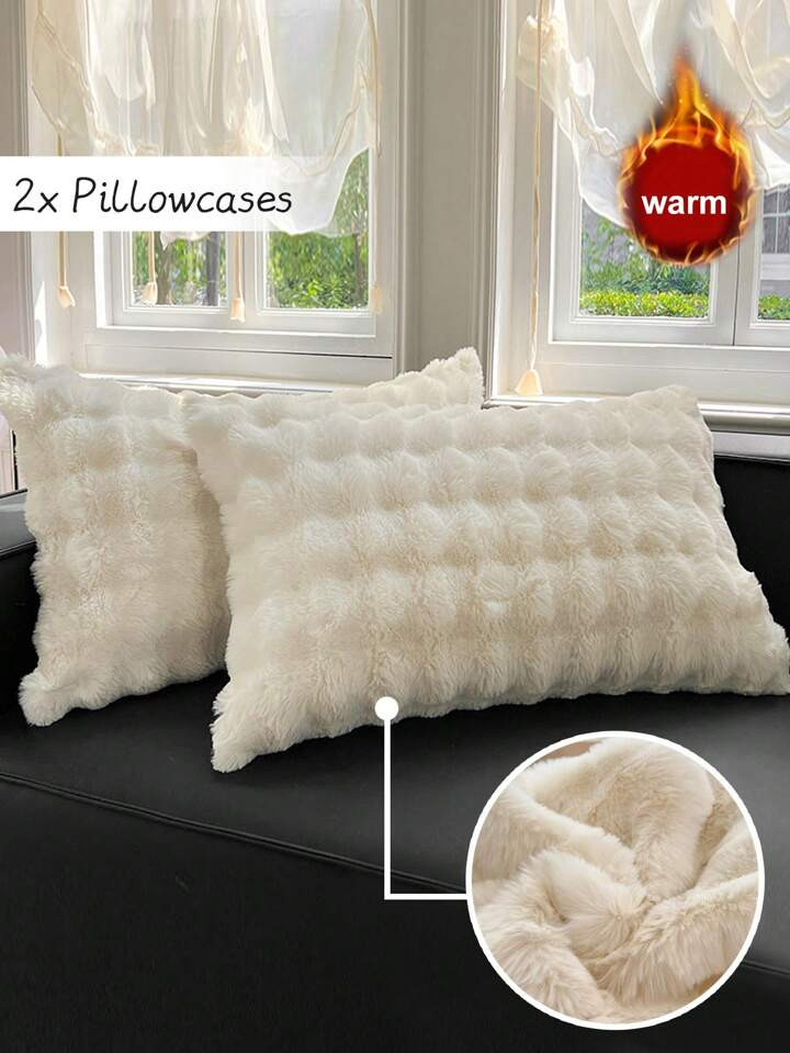 2 Peças De Fronhas De Almofada Fofas De Pele De Coelho Branca, Fronhas De Almofada Macias, Quentes E Elegantes De Poliéster Modernas Simples Para Outono/Inverno | SHEIN