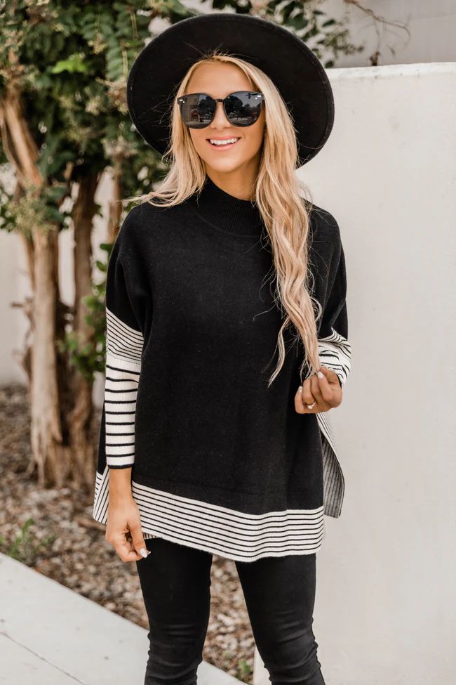 Everything You Need Black Striped Poncho DOORBUSTER | The Pink Lily Boutique