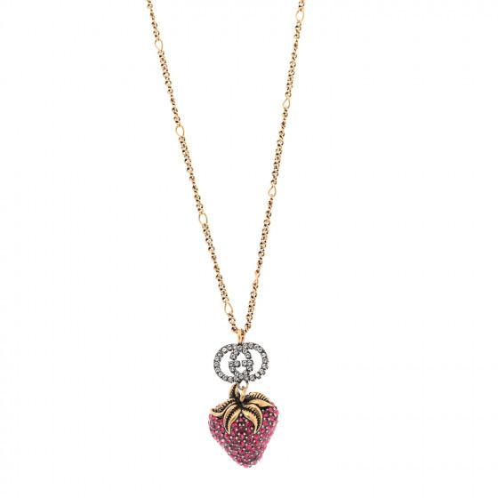 GUCCI Crystal Embellished Strawberry Necklace Red Aged Gold | Fashionphile