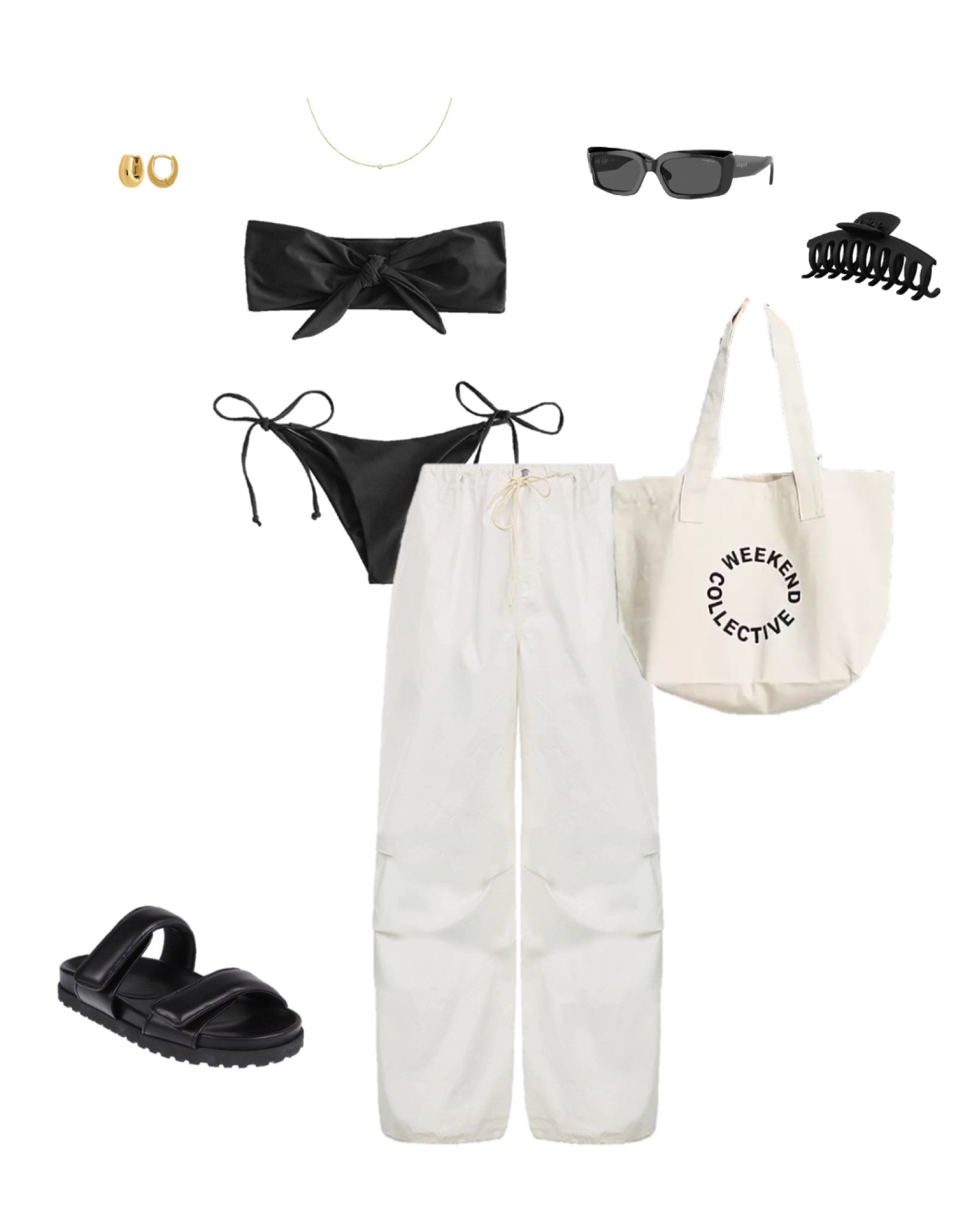 Black strapless bikini, cargo pants, double strap sandals, tote bag, Vogue sunglasses, and gold hoop earrings

#LTKSeasonal #LTKtravel #LTKfit