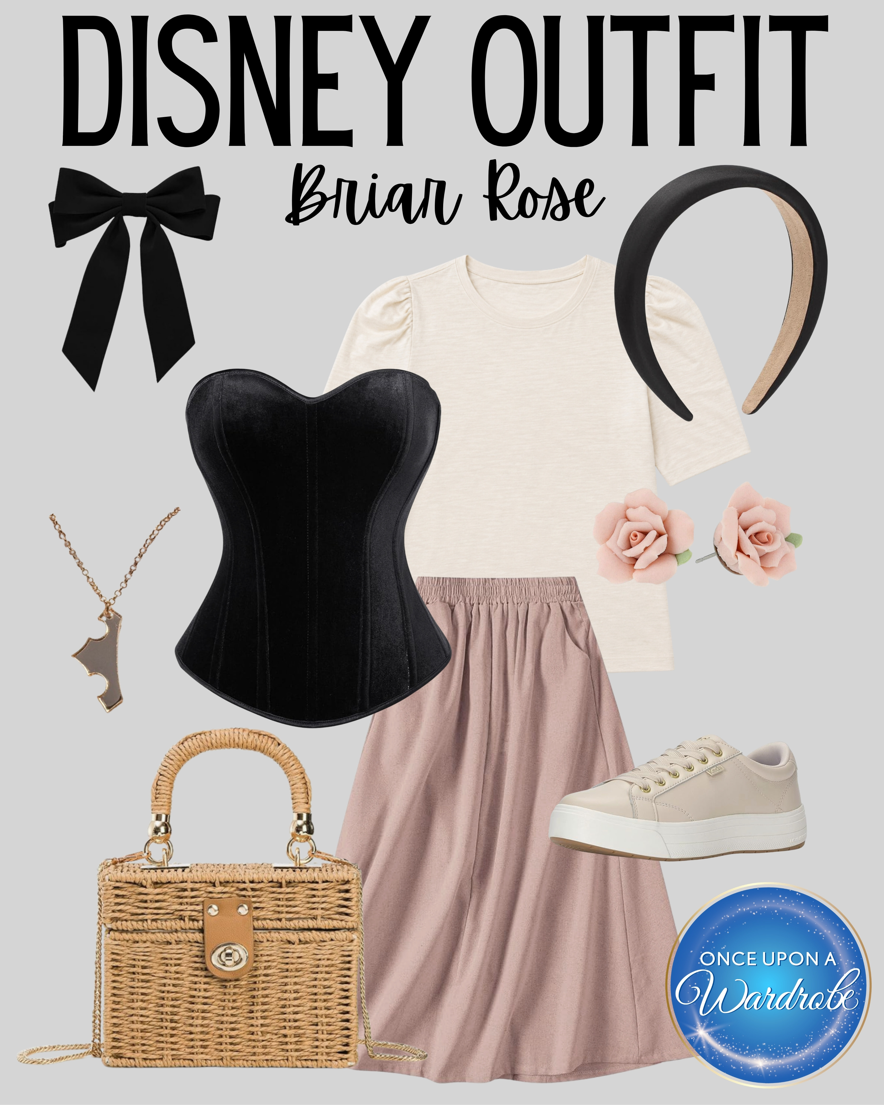 A soft and wearable Briar Rose Disney outfit for women inspired by Aurora’s village look in Sleeping Beauty. The dusty rose midi skirt, cream puff-sleeve top and black corset create an easy Disneybound, while the bow, rose earrings and woven handbag add the finishing details. A pretty option for Magic Kingdom, character dining or a Disney vacation outfit with subtle princess style. 

 #LTKootd #LTKmomlife #LTKTravel