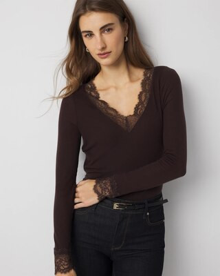 Women's Lace Trim Long Sleeve Tee in Espresso Martini size XS | White House Black Market, Everyday Casual Tops | White House Black Market
