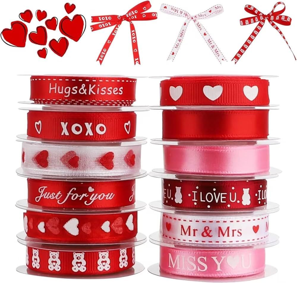 KOOTAU 12 Rolls Valentine’s Day Ribbons, 1cm Wide Sweet Words Printed Heart Ribbons for Valenti... | Amazon (CA)