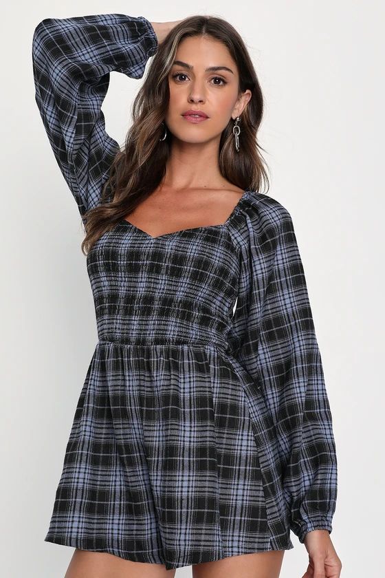 No One Cuter Blue and Black Plaid Balloon Sleeve Romper | Lulus (US)