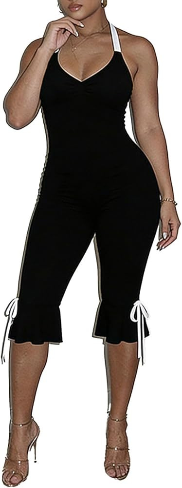 Molilove Women's Sexy Jumpsuits Halter Neck Backless Bodycon Ruffled Hem Capris Jumpsuit Summer G... | Amazon (US)