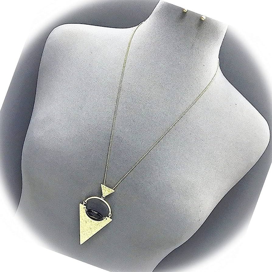 Accessory Fashionable Gold Color Triangle Hammered Black Stone Pendant Necklace with Nice Earring... | Amazon (US)