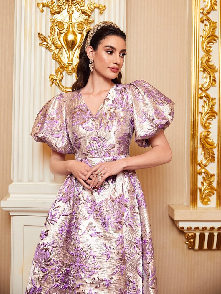 Floral Embossing Puff Sleeve Dress | SHEIN