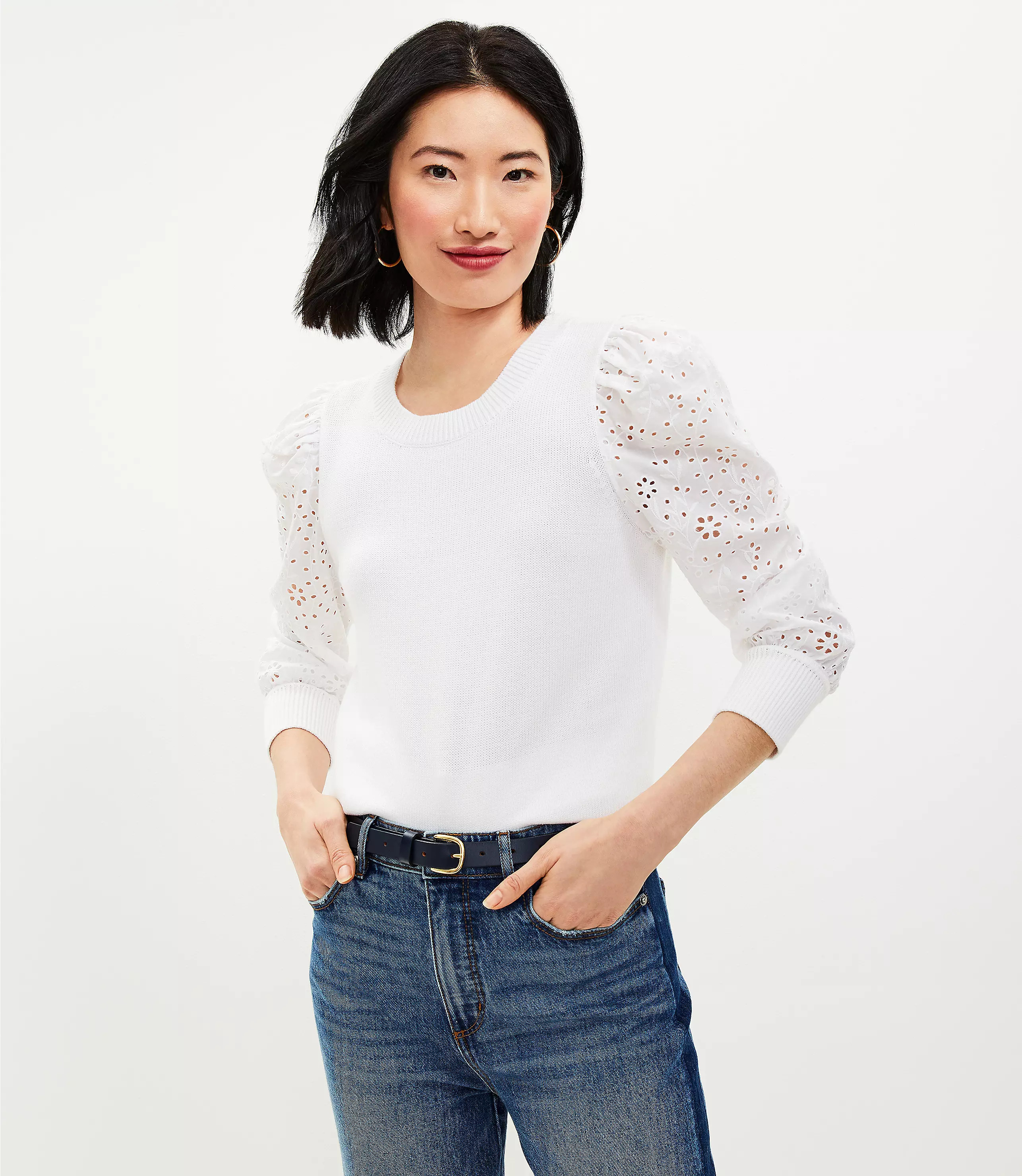 Eyelet Sleeve Mixed Media Sweater | LOFT
