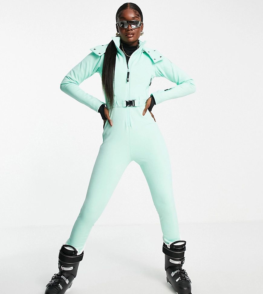 ASOS 4505 Tall ski suit with fitted belted & fur hood-Green | ASOS (Global)