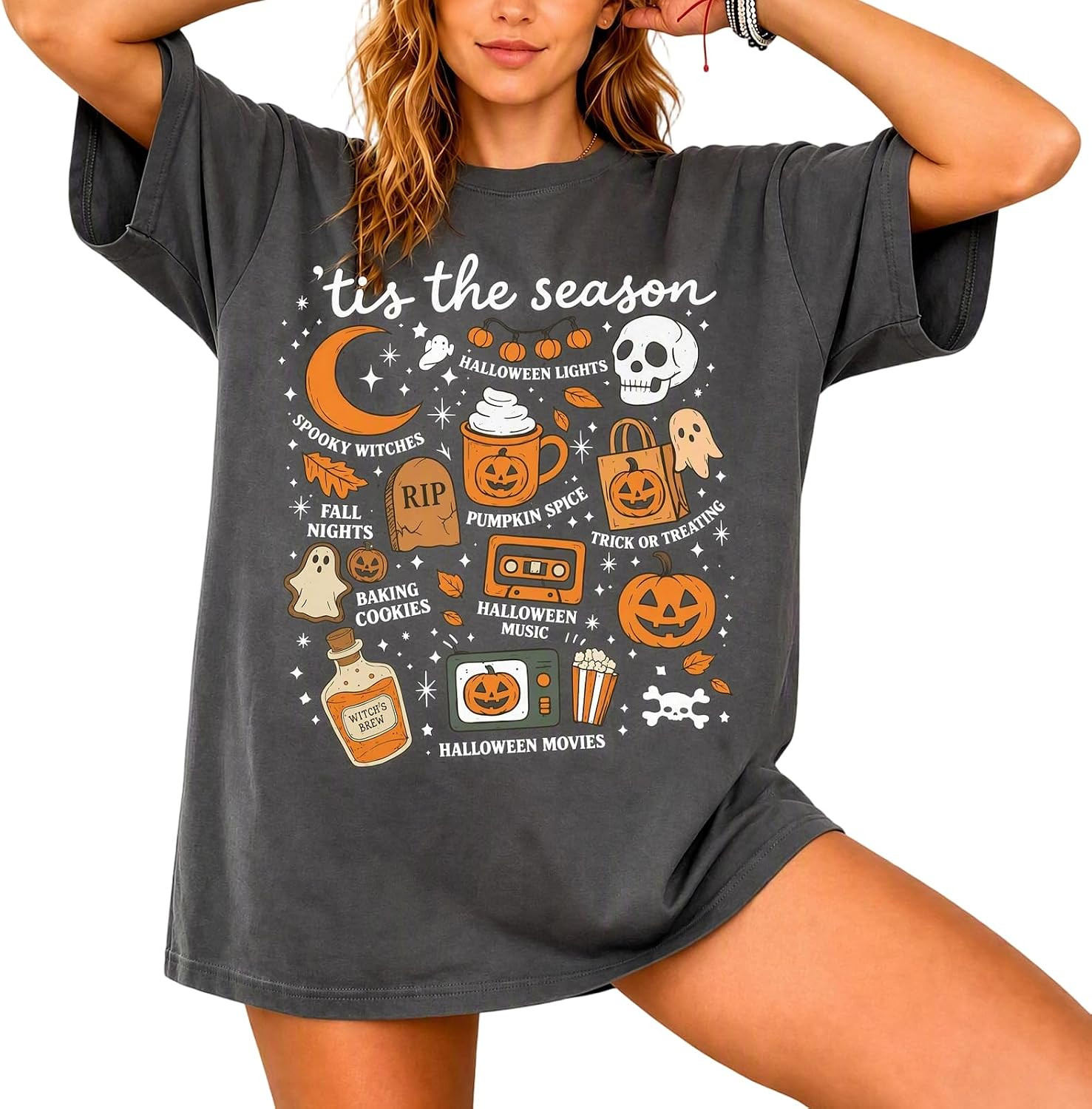 Tis The Season Halloween Shirts Women Spooky Ghost Graphic Oversized Tshirt | Amazon (US)