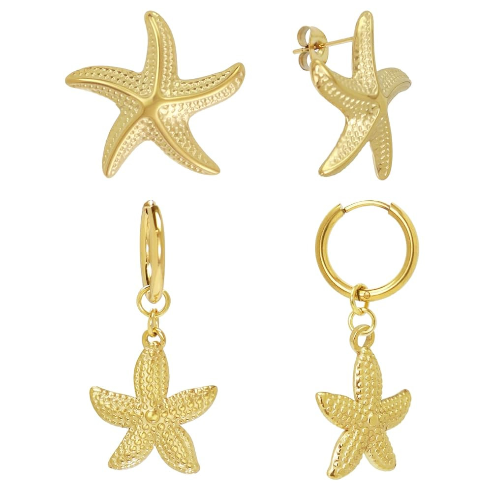 2 Pairs Starfish Earrings for Women, 14K Gold Trendy Beach Jewelry Huggie Hoop and Stud Earrings | Amazon (US)
