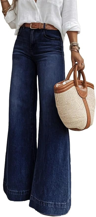 SHEWIN Flare Jeans for Women Wide Leg High Waisted Strechy Loose Casual Denim Pants with Pockets | Amazon (US)